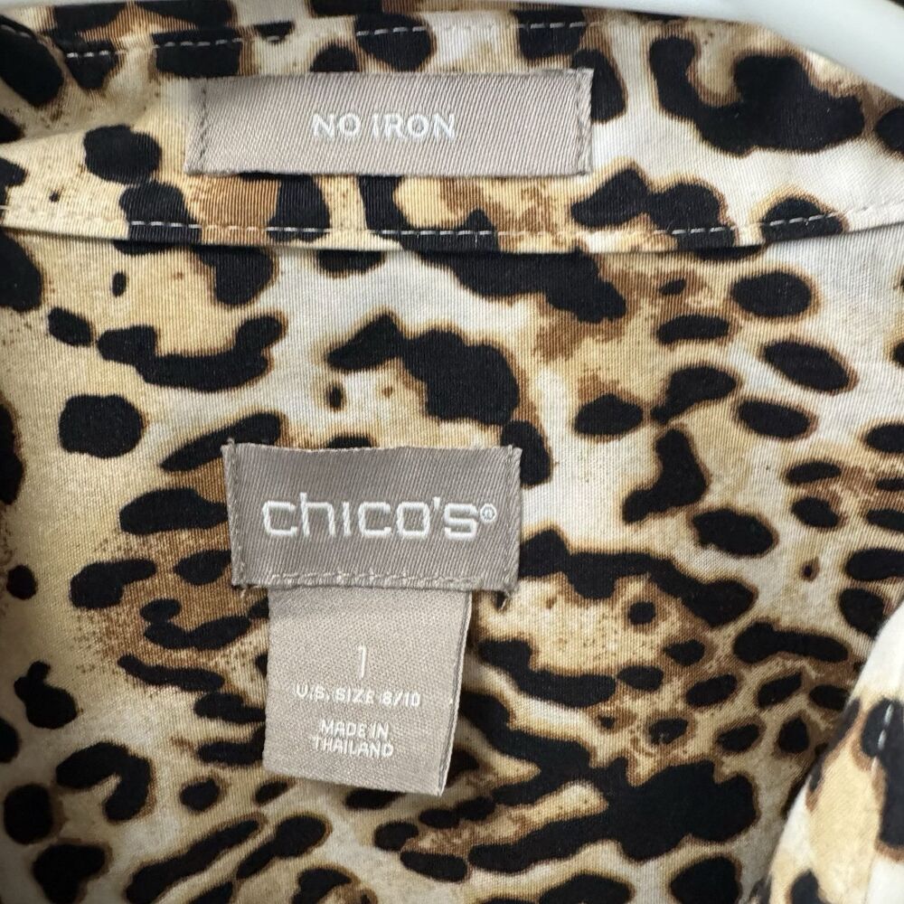 Chico's No Iron Brown Leopard Cheetah Button Up Long Sleeve Cotton Medium 8/10 1 - Picture 3 of 5